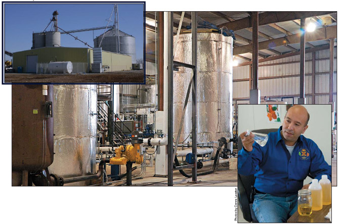 PHOTOS: Above left - Gen-X production center in Port of Walla Walla&rsquo;s Burbank Industrial Park. Above center - Processing facility for biodiesel. Below right - Ramon Benavides examines sample showing clarity of Gen-X biodiesel.