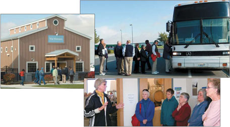 PHOTOS: Above right - visitors get &ldquo;on board&rdquo; for their recent tour of Port of Walla Walla facilities, which included a visit to Trio Vintners, one of three companies leasing Port-owned buildings in the Airport Industrial Park for start-up wineries. At lower right, wine maker Denise Slattery, explains winery processes. Photos by Donna Lasater